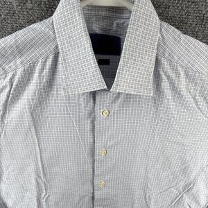 David Donahue Check Trim Cotton 16 34/35 Blue Long Sleeve Button Up Men Shirt